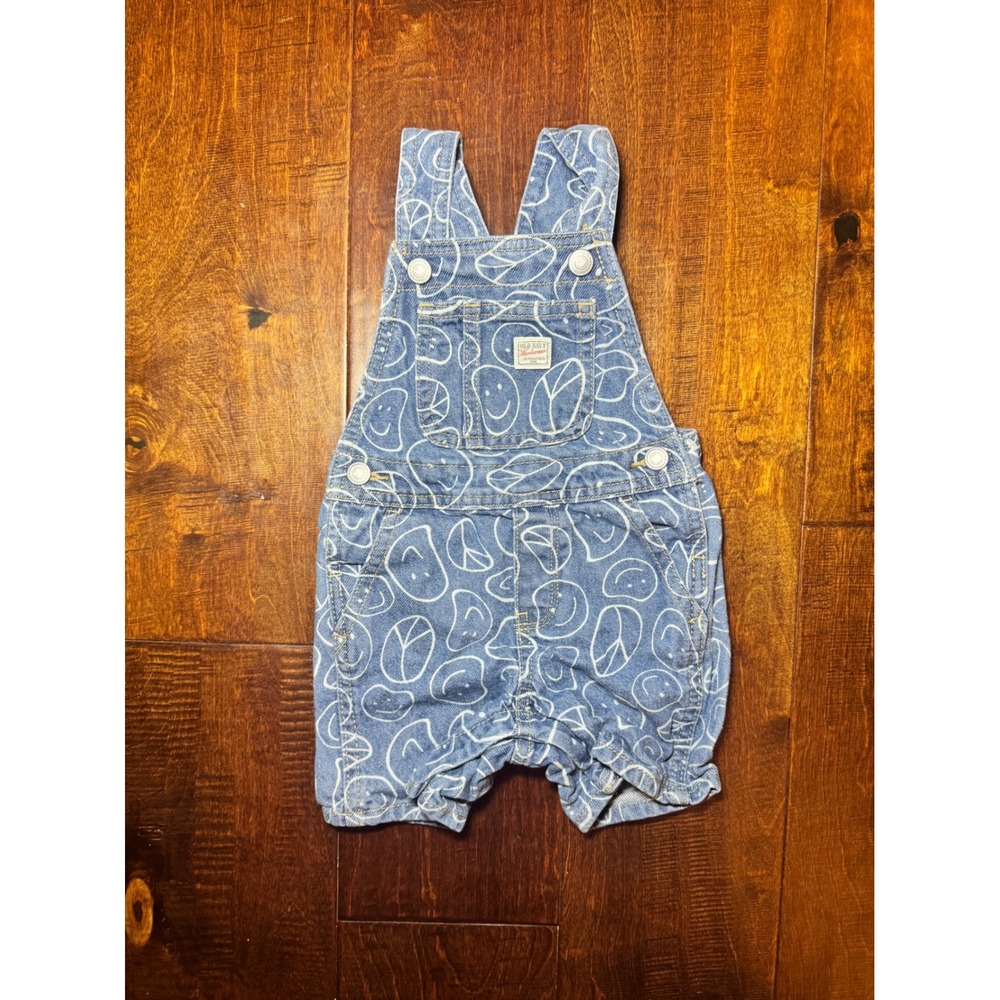 Old Navy Workwear Kids Denim Overalls Smiley Face Peace Sign Blue 12-18M